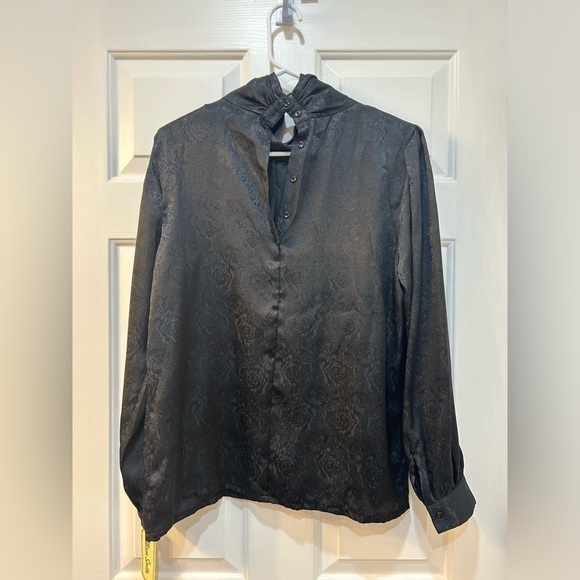 Vintage Allison Smith Black Sateen Blouse Textured Rose Patterned Pleated Sz 12 - Picture 2 of 11